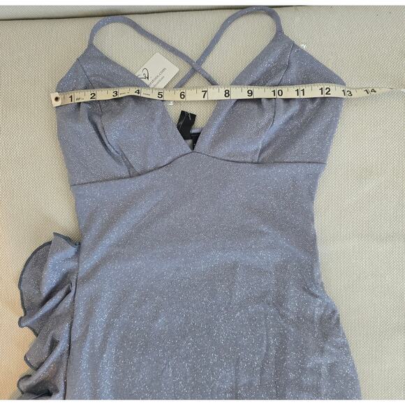 Windsor Baby Blue Sleeveless V-Neck Ruffle Glitter Mini Dress Size Small - Picture 6 of 8